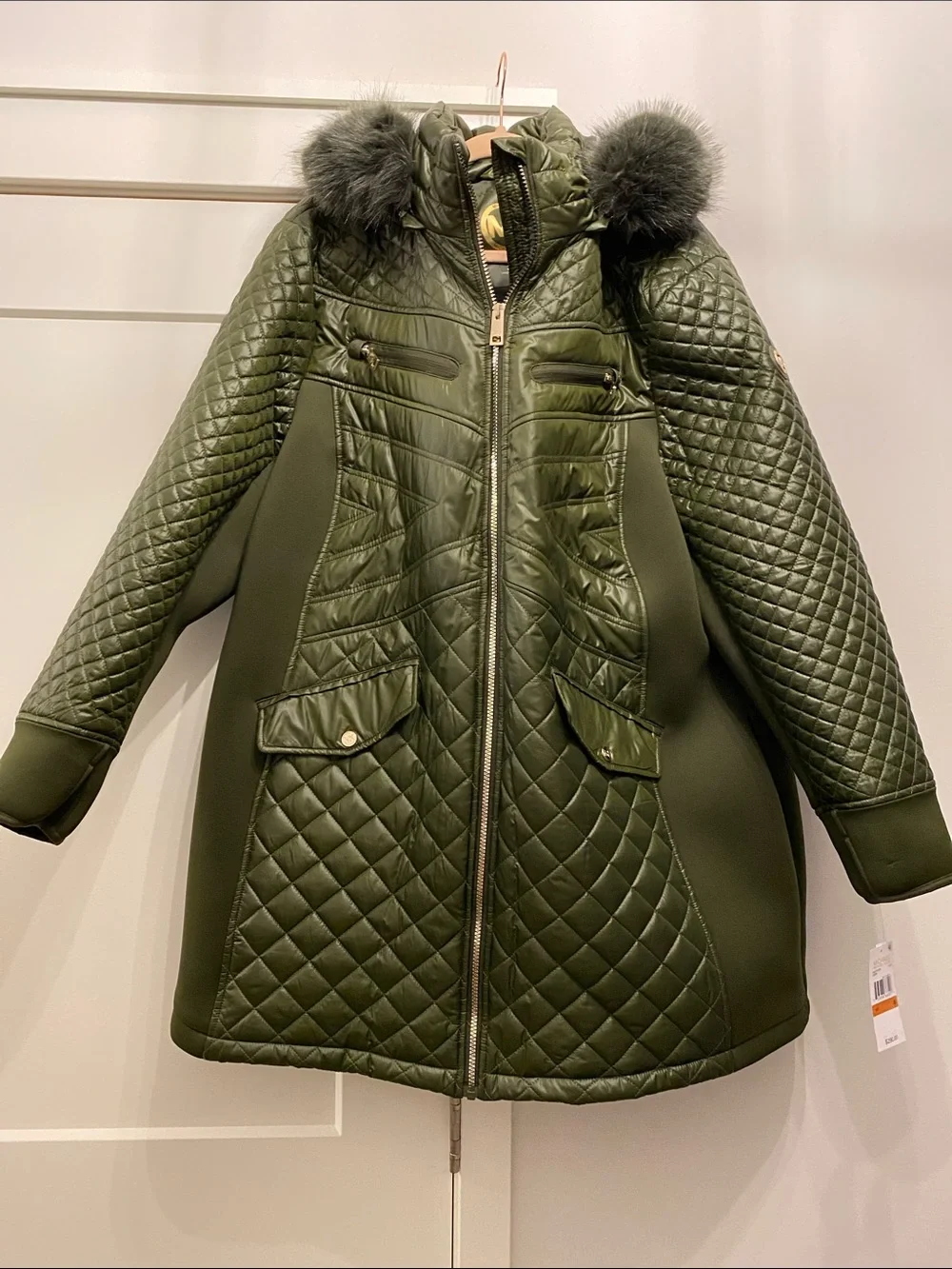 NWT Michael Kors Mixed Media Hooded Quilted Jacket Olive Green Plus Size 3X